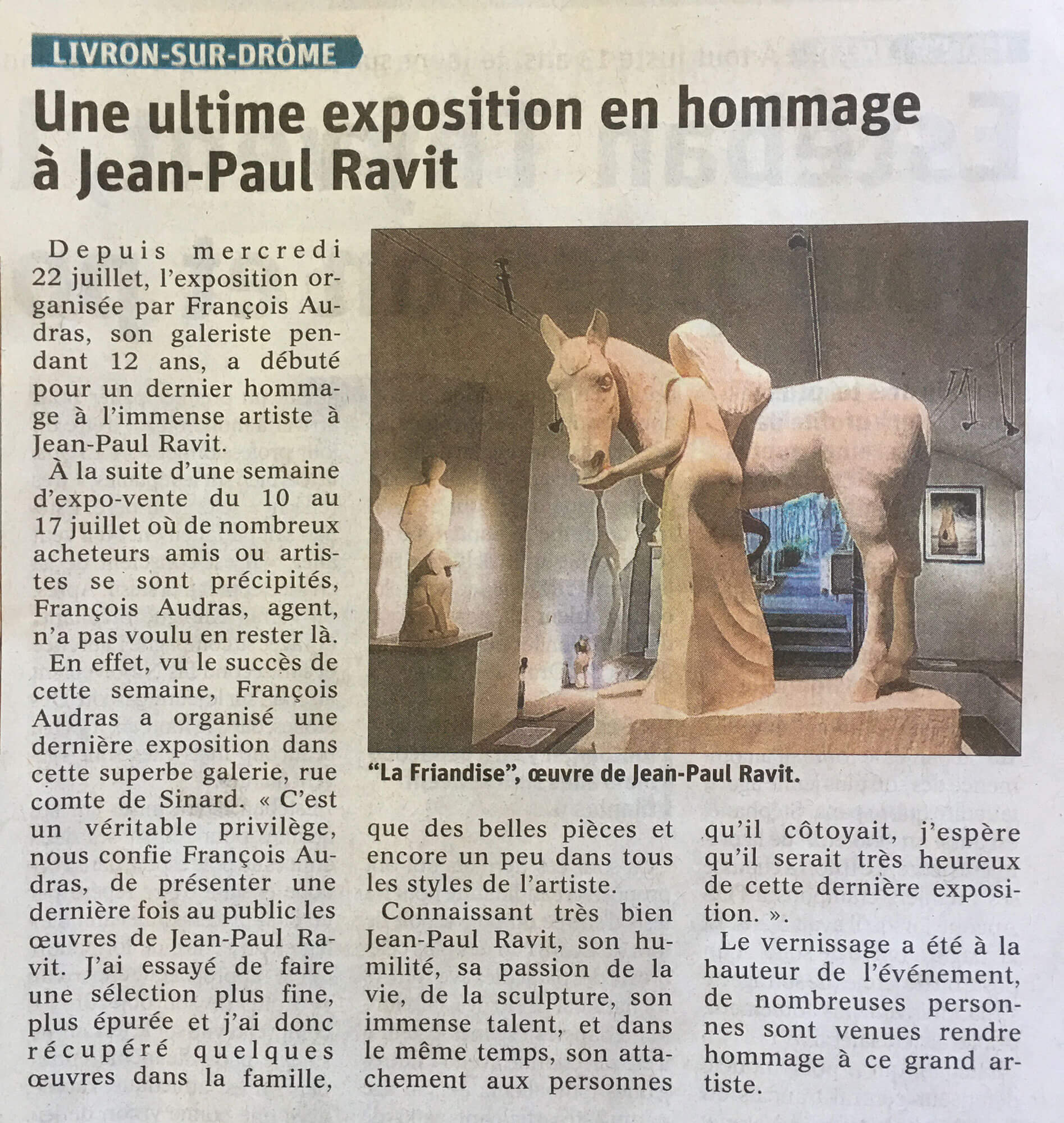 Dauphiné Libéré - Jean-Paul RAVIT - Ultimate exhibition in his Galerie de l'Arlequin